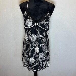 Studio Donatella Womens Black White Floral Lace Trim Chemise Nightgown Large L